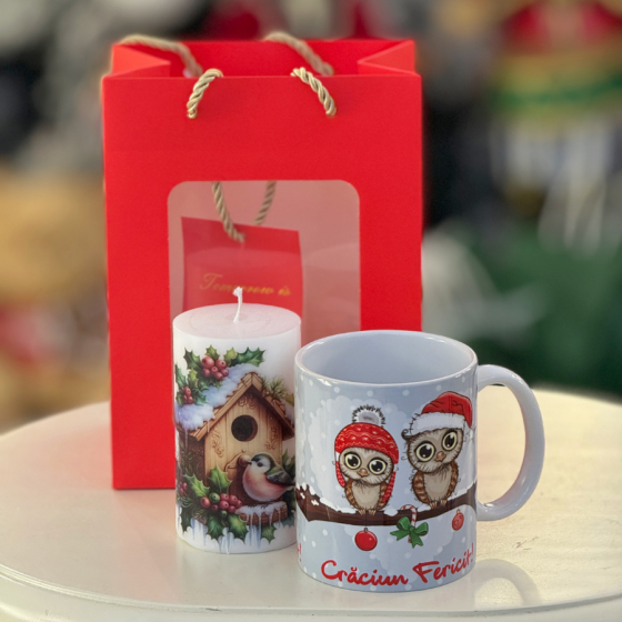 Set Cadou de Crăciun cu Lumânare Handmade și Cană cu Bufnițe