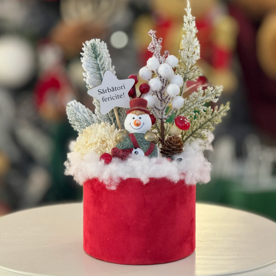 Aranjament în cutie de catifea VESELĂ cu om de zăpadă