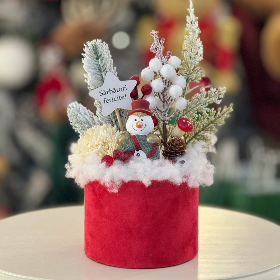 Aranjament în cutie de catifea VESELĂ cu om de zăpadă