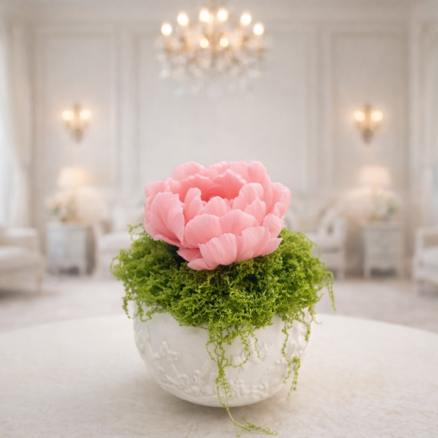 Aranjament cu floare bujor din sapun in vas din ceramica lucrat manual