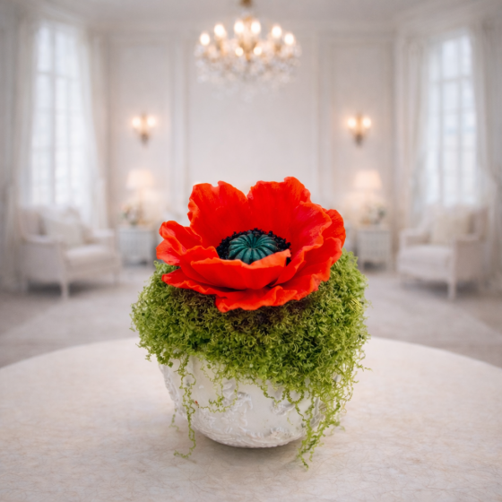 Aranjament cu floare mac din sapun in vas din ceramica lucrat manual