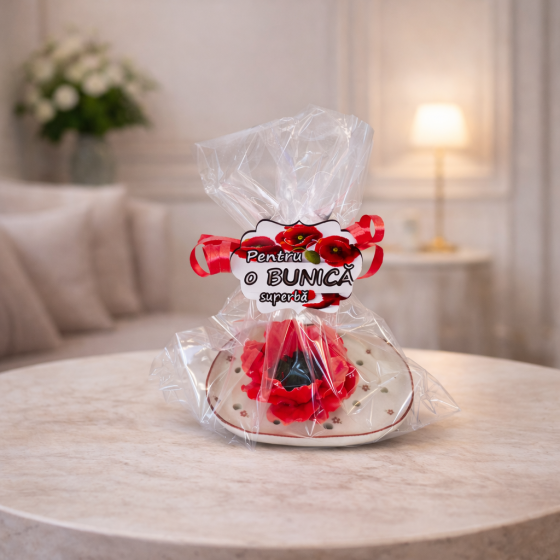 Set sapuniera cu sapun floare mac – Mesaj personalizabil