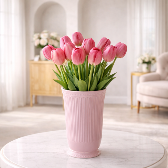 Eleganta care dureaza prin vaza cu lalele roz de la Vesel Fluturas