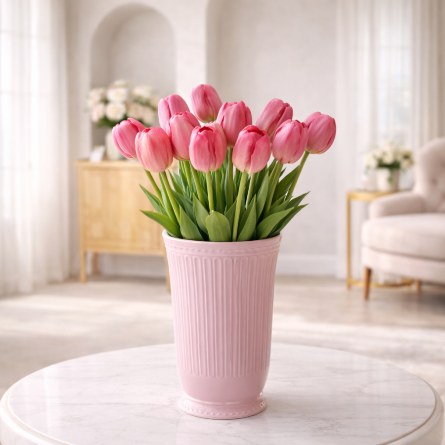 Eleganta care dureaza prin vaza cu lalele roz de la Vesel Fluturas