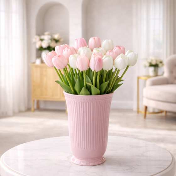 Vază cu lalele roz și albe – Eleganță delicată pentru decor