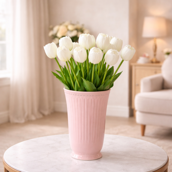 Vază cu lalele albe – Lumină caldă care transformă spațiul
