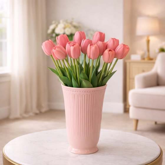 Eleganta care dureaza prin vaza cu lalele roz de la Vesel Fluturas