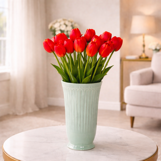 Vază cu lalele roșii – Decor elegant și expresiv!