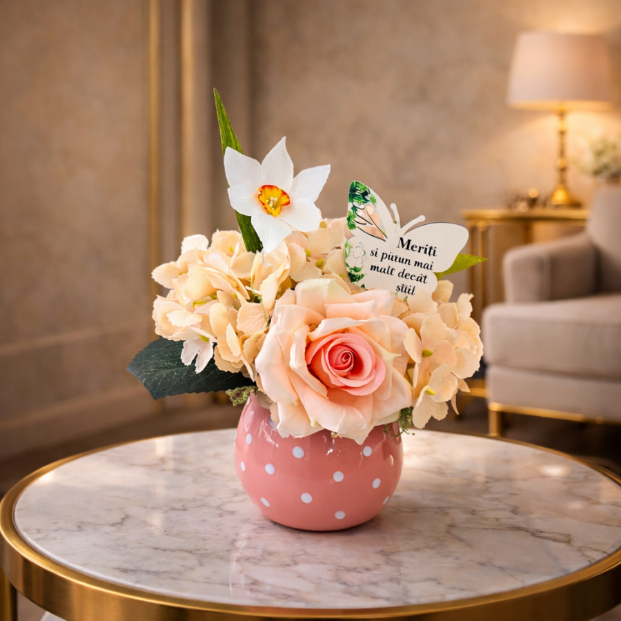 Aranjament floral de primăvară în vas ceramic – Șoapte de Primăvară