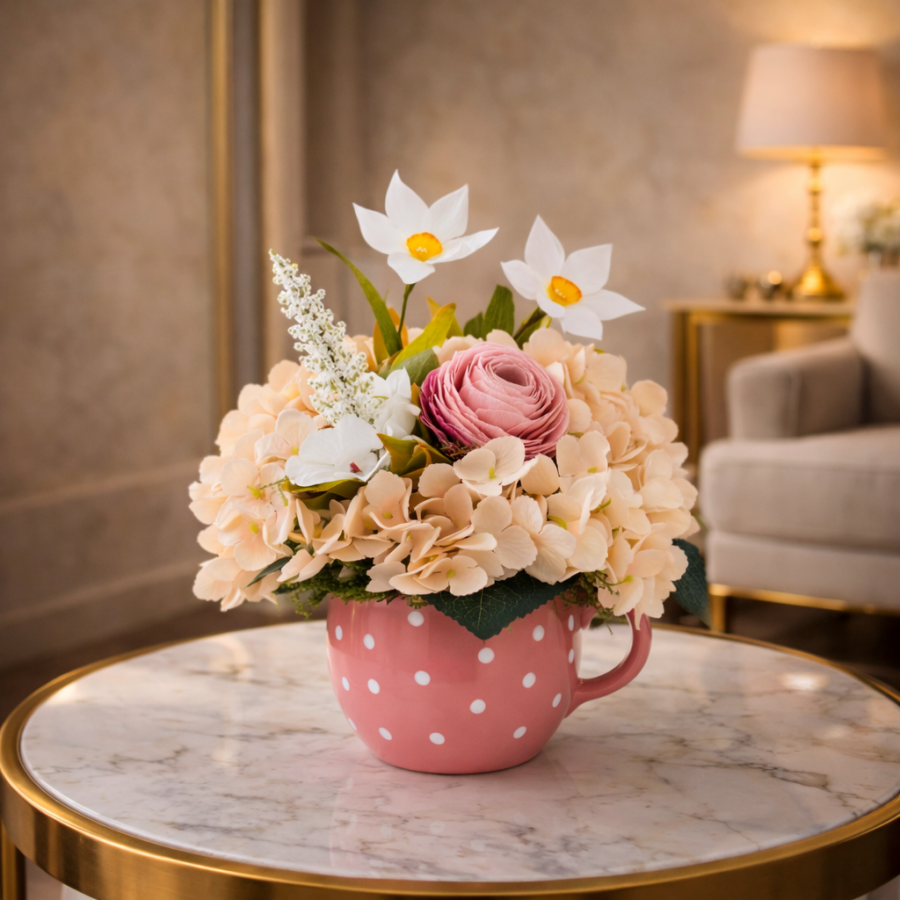 Aranjament floral în cană ceramică – Ecou de Primăvară