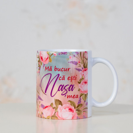 Cană ceramică „Mă bucur că ești NAȘA mea”, trandafiri & lavandă