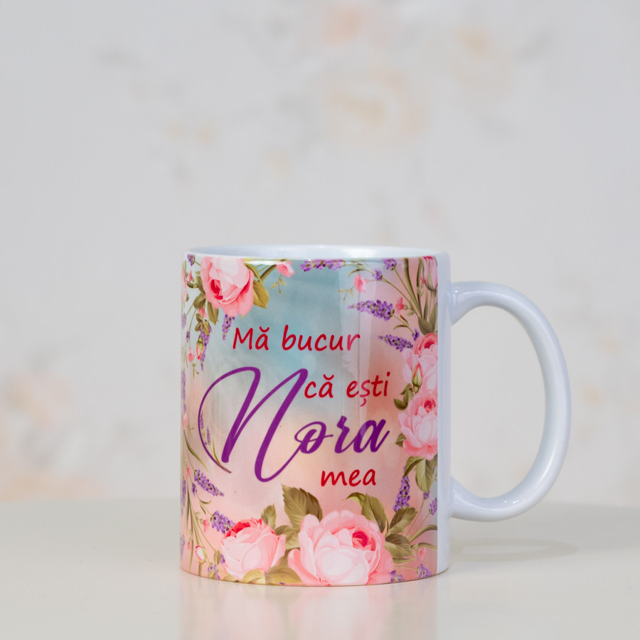 Cană ceramică „Mă bucur că ești NORA mea”, trandafiri & lavandă