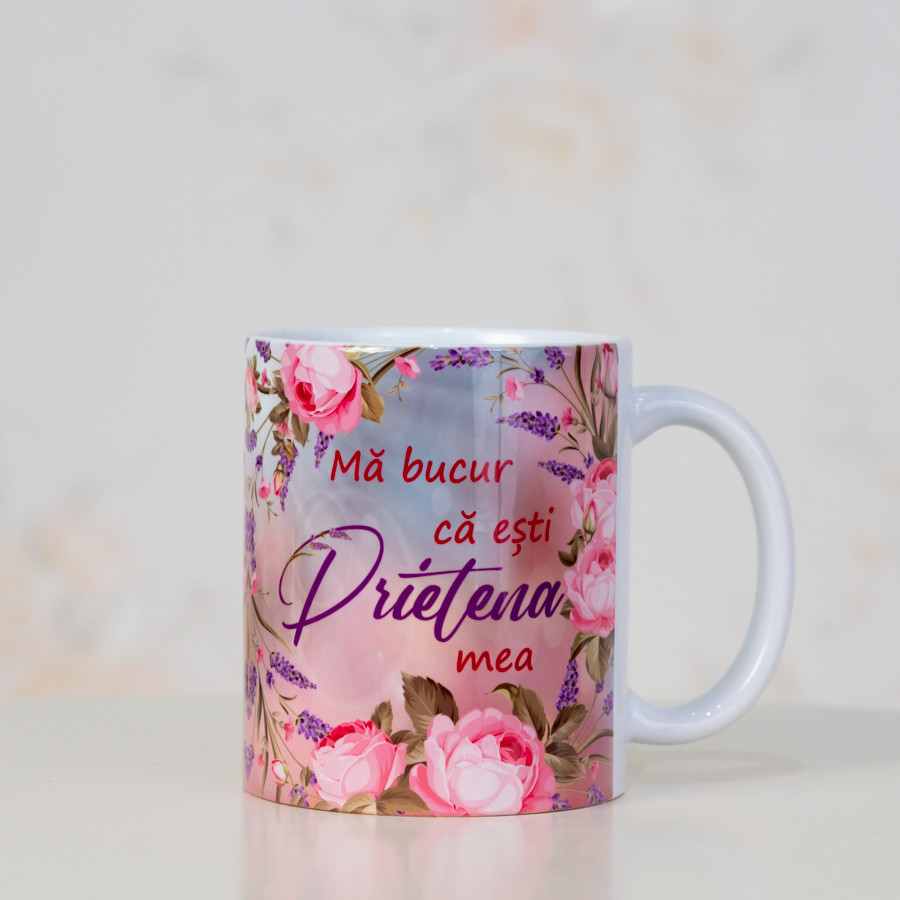 Cană ceramică „Mă bucur că ești PRIETENA mea”, trandafiri & lavandă